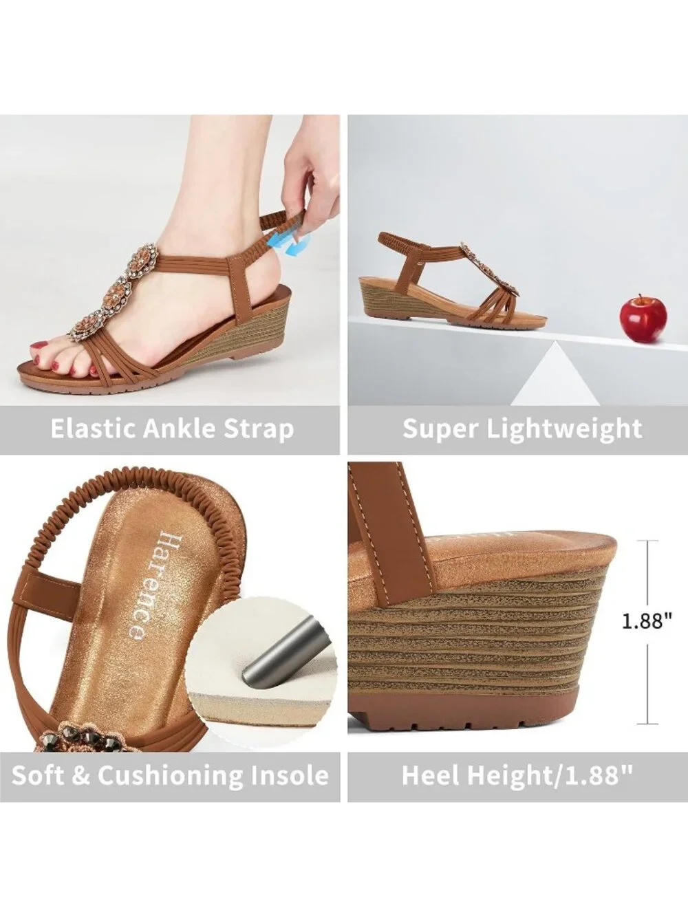 Women's Brown Floral Rhinestone Elastic Slingback Low Wedge Heel Sandals Shoes